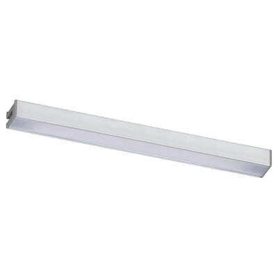 Cette image montre un luminaire de cuisine rectangulaire argenté MITTLED. Son style épuré et minimaliste, fabriqué en aluminium anodisé.