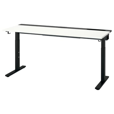 Bureau MITTZON : piètement en métal noir, plateau blanc, rectangle, hauteur réglable.