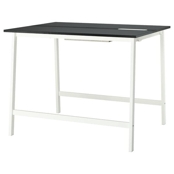 Une table de conférence rectangulaire noire et blanche avec un cadre en métal.
