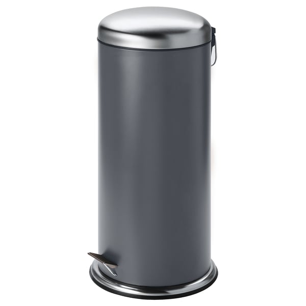 Poubelle MJÖSA grise avec couvercle et poignée en acier inoxydable, fermeture douce, seau intérieur.