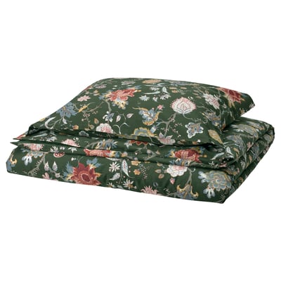 Housse de couette NÄSSELKLOCKA florale verte, mélange coton-viscose, rectangulaire, finition satinée.