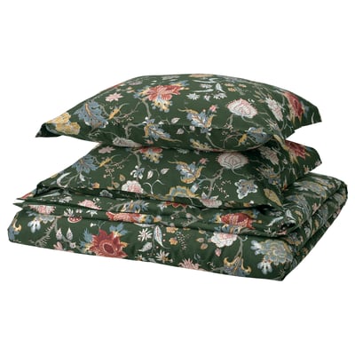 Parure de lit fleurie verte NÄSSELKLOCKA, vert foncé avec des fleurs multicolores, forme rectangulaire, mélange coton-viscose.