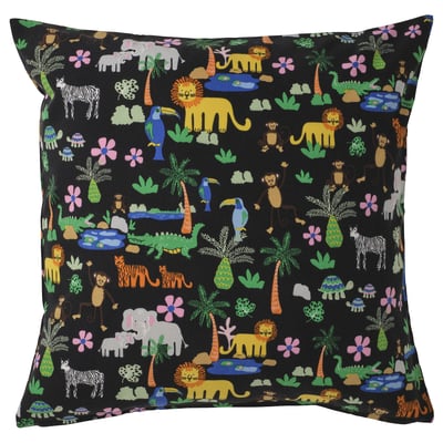 Housse de coussin NATTHÄGER, noire avec des animaux de la jungle colorés, forme carrée, polyester recyclé.