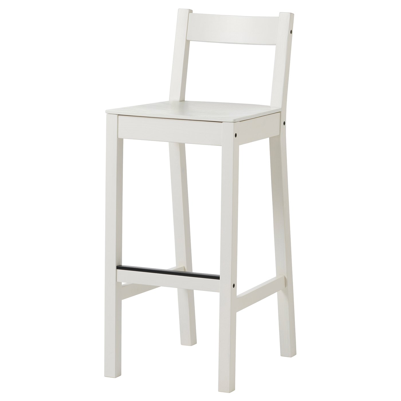 Un tabouret de bar NORDVIKEN blanc avec un dossier et un repose-pieds incurvés, en pin massif et placage pour plus de confort et de durabilité.