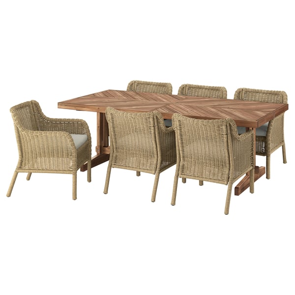 NORRMANSÖ / ULVEVÄR Table+6 fauteuils, acacia/rotin plastique brun Frösön/Duvholmen beige, 220x100 cm