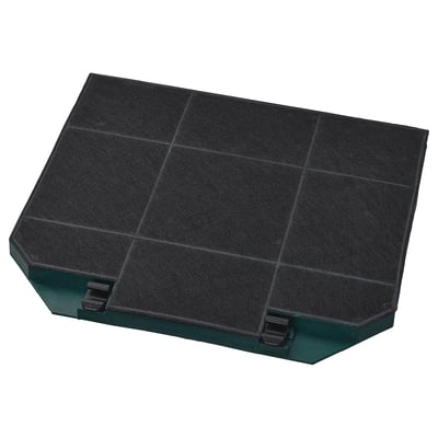Filtre à charbon rectangulaire noir dans un boîtier vert. Conçu pour la recirculation de l’air de la cuisine, absorbe les odeurs de cuisson.