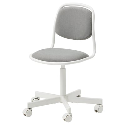Chaise enfant blanche et grise : ÖRFJÄLL, assise en tissu, cadre en métal, 5 roulettes, ergonomique.