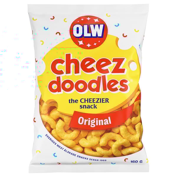 Sac Olw cheez doodles, choux au fromage saveur originale, 160g, emballage jaune vif.