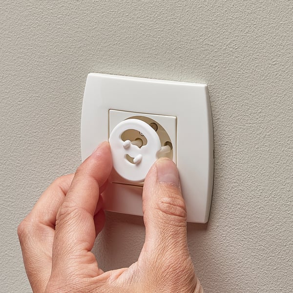 La main insère une fiche de sécurité blanche dans la prise murale pour empêcher l’accès.