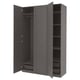 Armoire PAX grise ouverte avec panier en filet, étagères et penderie.