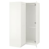 Armoire Ikea PAX blanche. Unité haute, rectangulaire, d’angle. Deux portes battantes, ouvertes pour la vue.