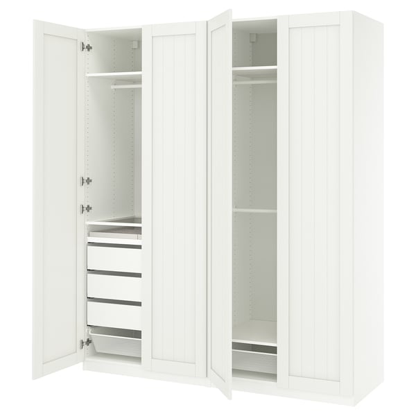Armoire PAX blanche avec portes ouvertes, tiroirs et étagères sur fond blanc.