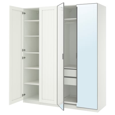 Armoire ikea PAX blanche avec portes ouvertes, étagères réglables, section de suspension, porte miroir.