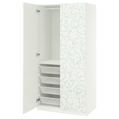 Une armoire ikea PAX blanche avec une porte ouverte, avec des tiroirs en maille et un motif floral sur le côté.