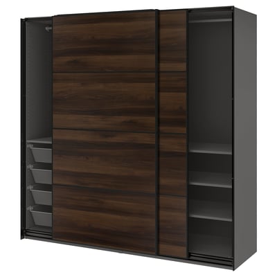 PAX / MEHAMN Armoire pte coul, gris foncé noir/double face motif chêne brun foncé, 200x66x201 cm