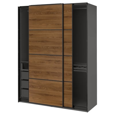PAX / MEHAMN Armoire pte coul, gris foncé noir/double face noyer, 150x66x201 cm