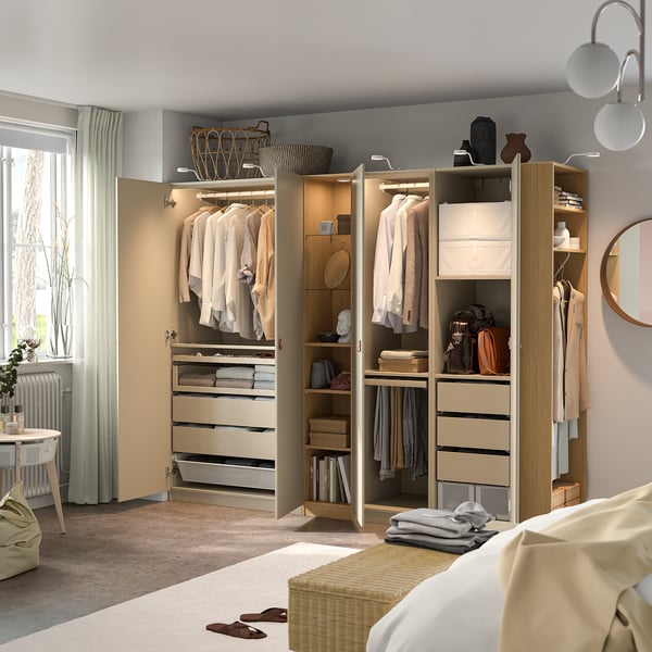 PAX / REINSVOLL Combinaison armoire, gris-beige gris-beige/motif chêne, 255x60x201 cm