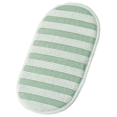 Tampon en microfibre rayé vert et blanc pour le nettoyage. Forme ovale avec surface texturée.