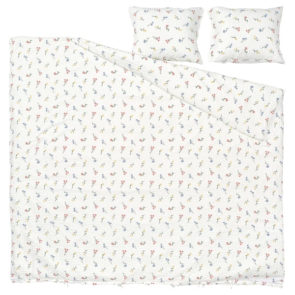 Parure de lit florale blanche PILDVÄRGMAL avec mélange de coton doux, housse de couette et 2 taies d’oreiller.