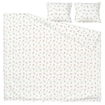 Parure de lit florale blanche PILDVÄRGMAL avec mélange de coton doux, housse de couette et 2 taies d’oreiller.