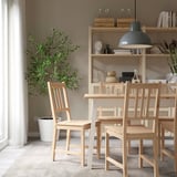 Coin repas confortable avec chaise PINNTORP, table en bois, plante, étagère, lampe.