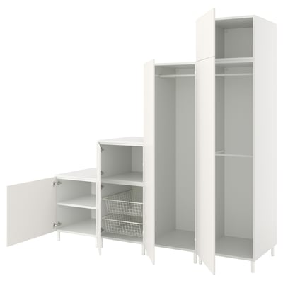 Unité de rangement PLATSA blanche avec étagères, armoires et armoire, design minimaliste moderne.