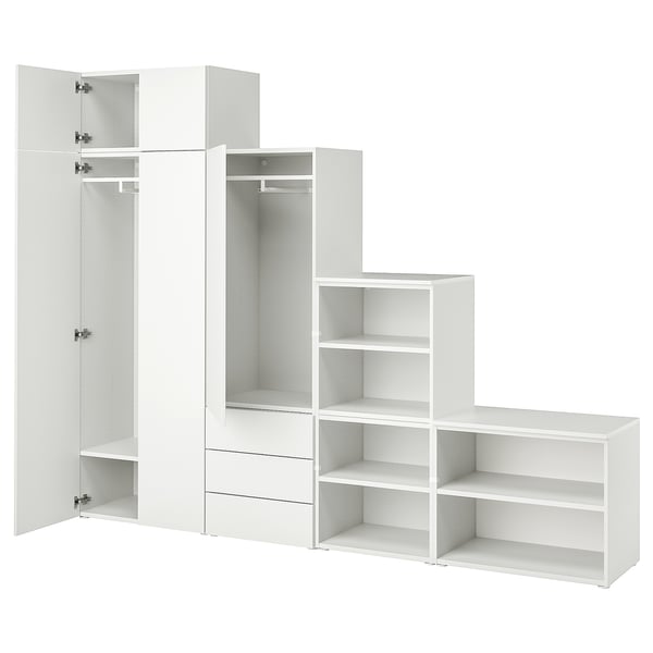 Système de rangement PLATSA blanc avec sections ouvertes et tiroirs.