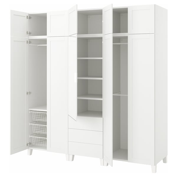 Unité de rangement modulaire PLATSA blanche avec plusieurs compartiments, étagères et tiroirs.