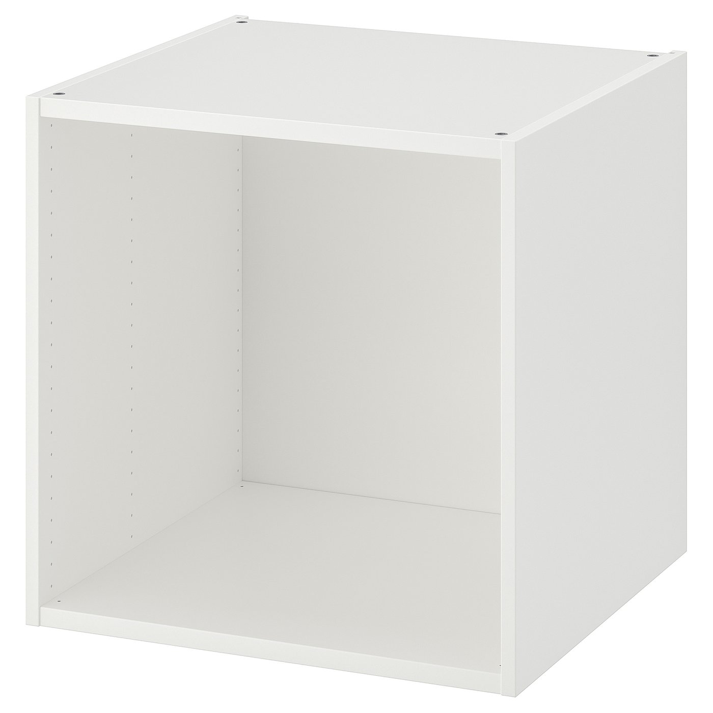 Un meuble de rangement PLATSA blanc. Il s’agit d’un cadre ouvert de forme carrée avec un design minimaliste pour des solutions de rangement polyvalentes.