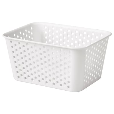 Affiche un panier de rangement en plastique rectangulaire blanc avec de nombreux petits trous. Il s’agit d’un design minimaliste, adapté à l’organisation de petits objets.