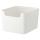 Boîte de rangement PLUGGIS blanche, rectangulaire, bords lisses, en plastique PET.