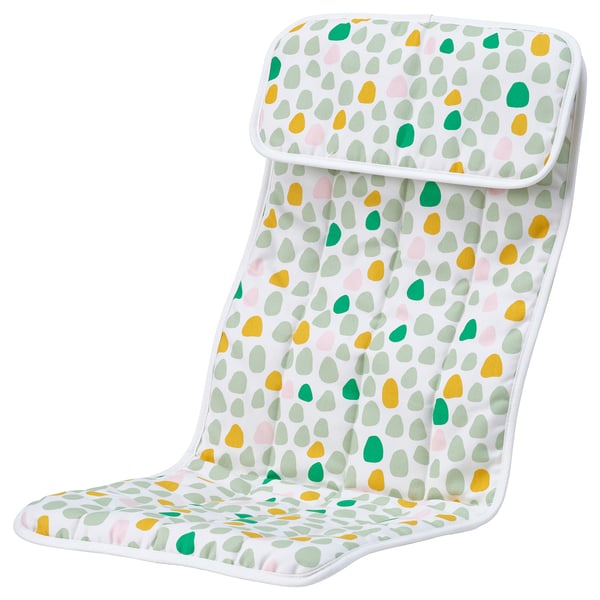 Coussin de siège bébé POÄNG : pois jaunes et verts vifs sur blanc, polyester et coton doux, rectangulaire avec rembourrage.