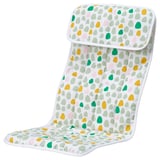 Coussin de siège bébé POÄNG : pois jaunes et verts vifs sur blanc, polyester et coton doux, rectangulaire avec rembourrage.