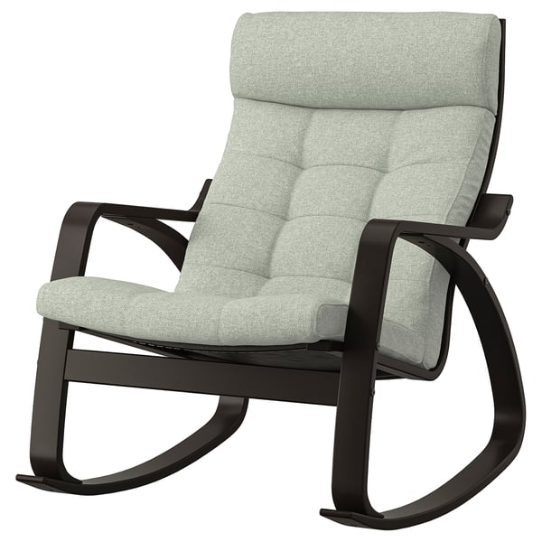 Fauteuil à bascule Ikea POÄNG : moderne, incurvé, bois noir, tissu gris, assise confortable, garantie 10 ans.