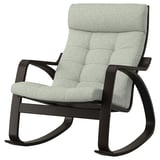Fauteuil à bascule Ikea POÄNG : moderne, incurvé, bois noir, tissu gris, assise confortable, garantie 10 ans.