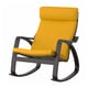 Chaise berçante POÄNG jaune moutarde, cadre en bois courbé noir, assise et dossier rembourrés, design confortable et intemporel.