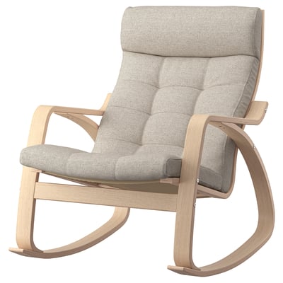 Chaise berçante Poang, bois clair et tissu gris, design incurvé, dossier et assise rembourrés.