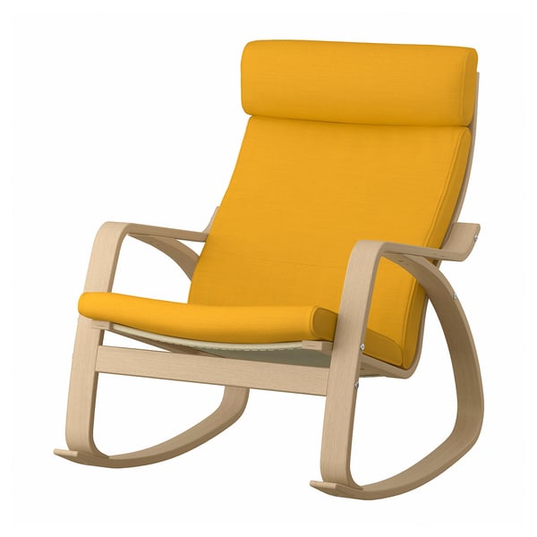 Chaise berçante POÄNG, tissu jaune, cadre en bois, forme incurvée, confortable, dossier haut.