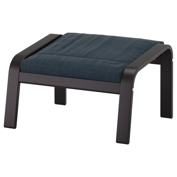 Repose-pieds POÄNG, bleu foncé, structure en métal noir, coussin carré, design minimaliste.
