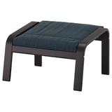 Repose-pieds POÄNG, bleu foncé, structure en métal noir, coussin carré, design minimaliste.