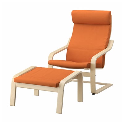 Fauteuil et pouf POÄNG orange, structure en bois de bouleau, coussins moelleux.