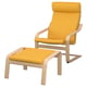 Fauteuil et pouf POÄNG jaune vif, cadre en chêne, coussins surdimensionnés pour plus de confort.