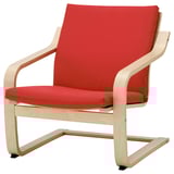 Chaise rembourrée rouge avec accoudoirs et base en bois, design légèrement incurvé.