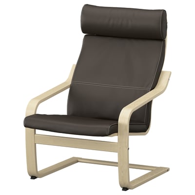 Fauteuil POÄNG : cuir gris foncé, cadre en bois incurvé, design confortable.