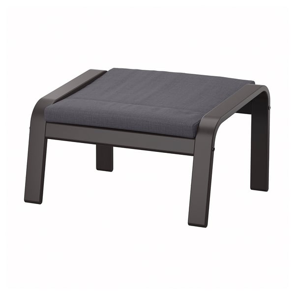 Repose-pieds POÄNG gris moderne, cadre en bois noir rembourré et angulaire, design élégant et minimaliste.