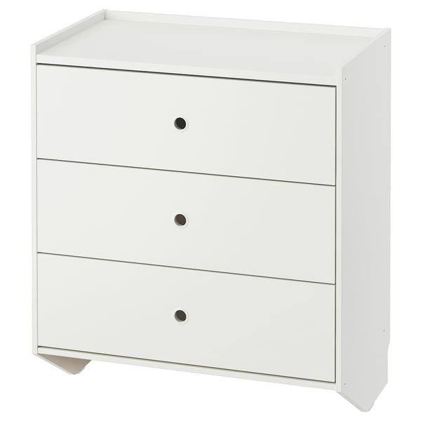 Commode RACKNÄS blanche avec 3 tiroirs. Un design mince et moderne pour les petits espaces.