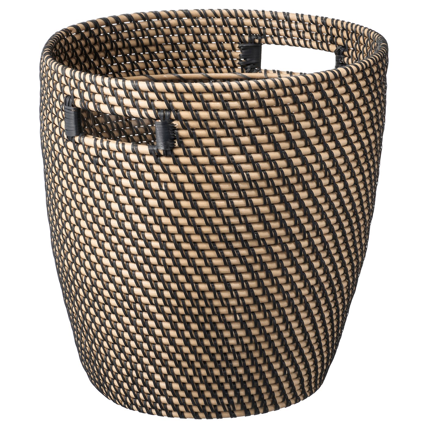 Panier tressé RÅGKORN, noir et beige, cylindrique, poignées de transport, en polyéthylène et polypropylène.