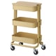 Chariot Ikea RÅSKOG, beige, à 3 niveaux avec roulettes, couvercle en bambou, métal/bois, compact, rangement mobile.