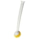 Option : Représente une brosse à récurer RINNIG blanche avec un long manche et des poils jaunes, conçue pour nettoyer les surfaces de cuisine.