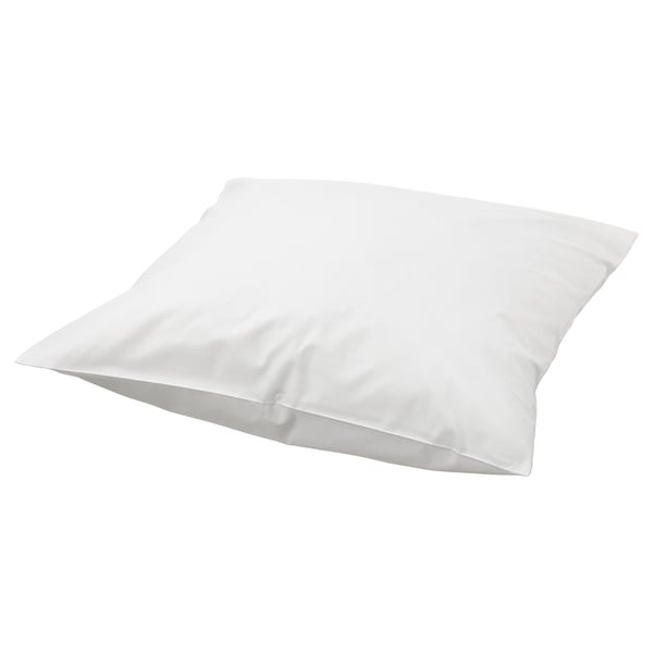 Une taie d’oreiller RÖNNVECKMAL blanche de forme carrée en percale de coton, dotée d’une fermeture enveloppe.